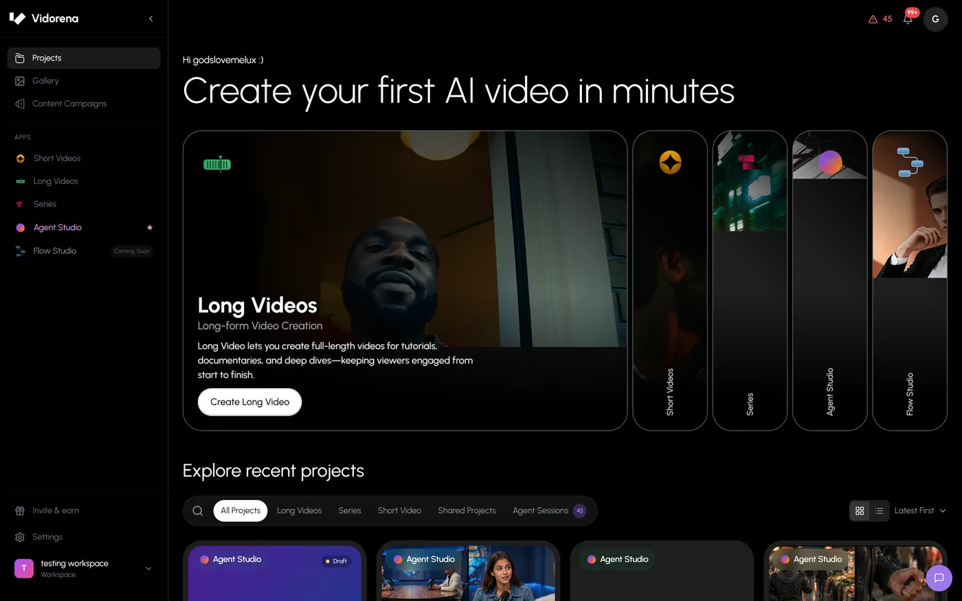 The Vidorena workspace home, with apps for short videos, long videos, series, agent studio and flow studio down the left, and a filterable grid of recent projects and agent sessions below