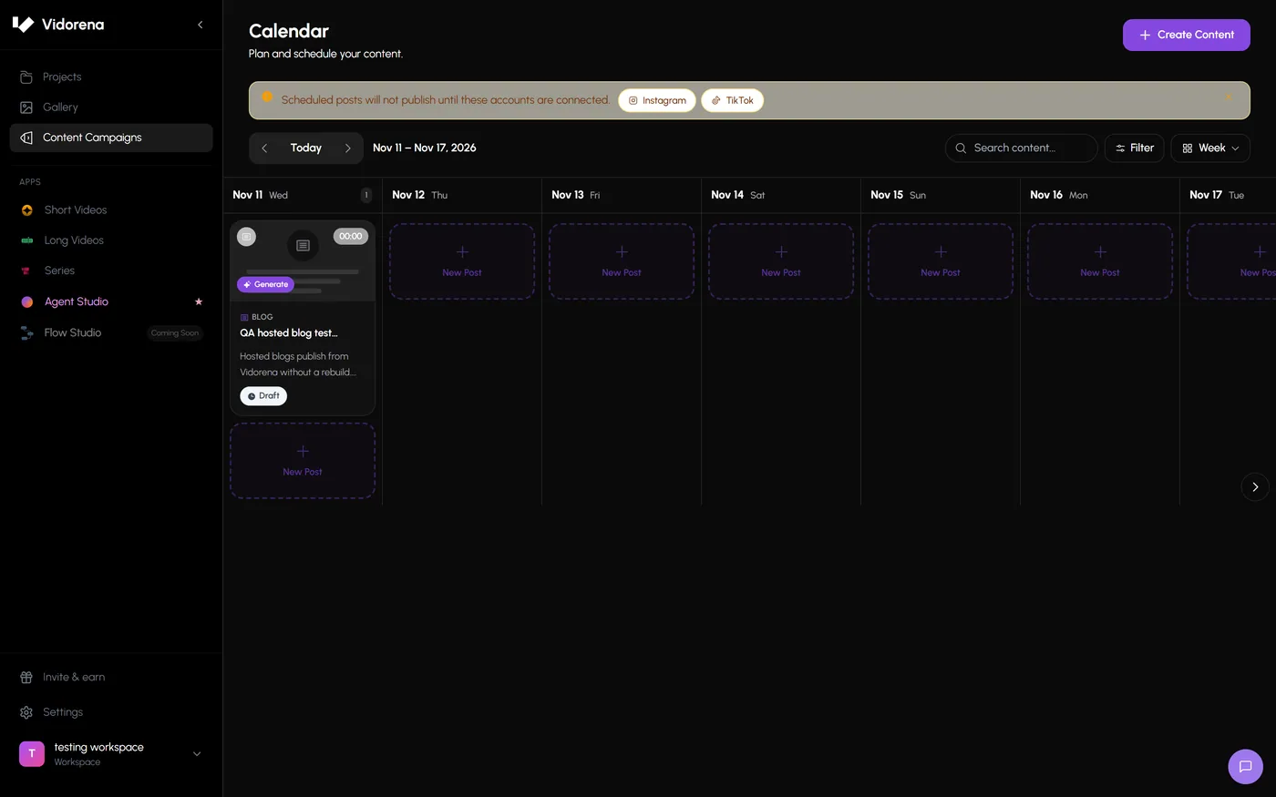 The content campaign calendar in week view, showing a drafted blog post on one day, empty new post slots across the rest, and a banner warning that scheduled posts will not publish until Instagram and TikTok are connected