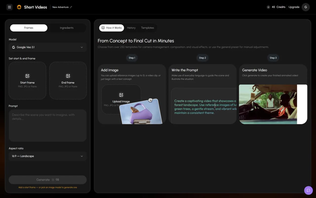 The short video editor: model, start and end frames, prompt and aspect ratio on the left with a generate button priced at 98 credits, and a three step explainer on the right covering add image, write the prompt and generate