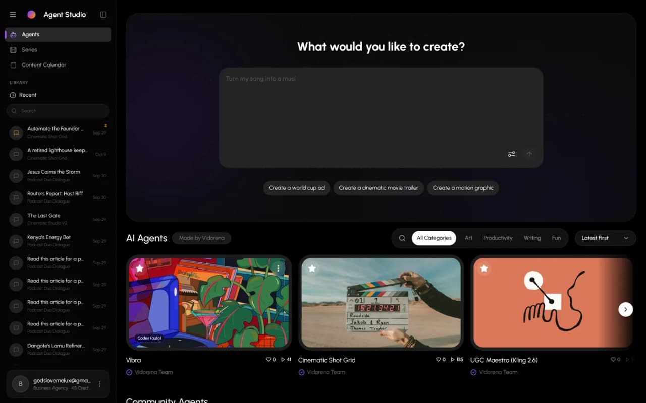 The agent studio library listing named agents such as Cinematic Shot Grid, Podcast Duo Dialogue and Superagent, each with dated past sessions, and the remaining credit balance at the foot of the panel