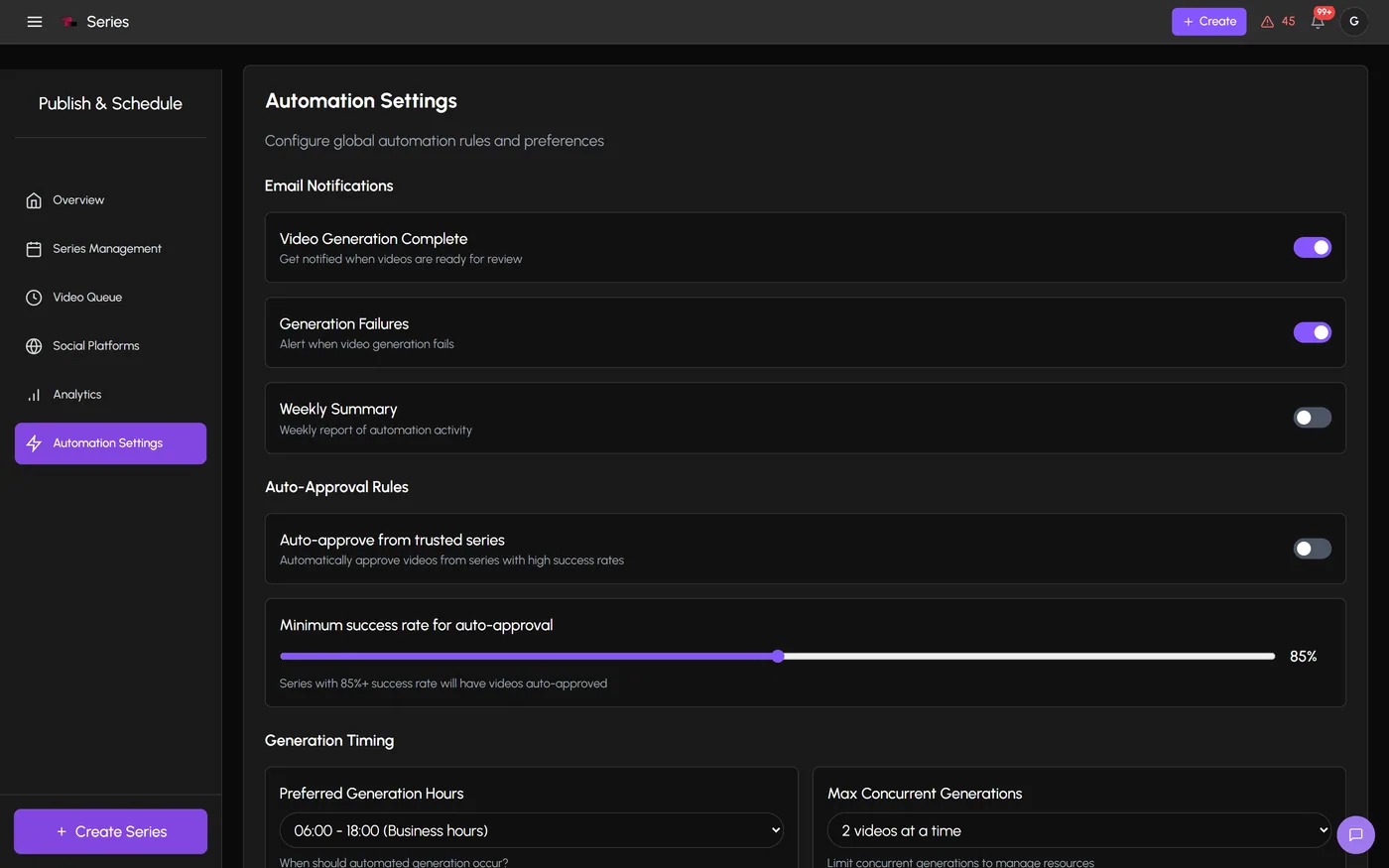 Automation settings with email notification toggles, an auto-approval rule set to an 85 percent minimum success rate, preferred generation hours from off-peak to business hours, and a limit on how many videos may render at once
