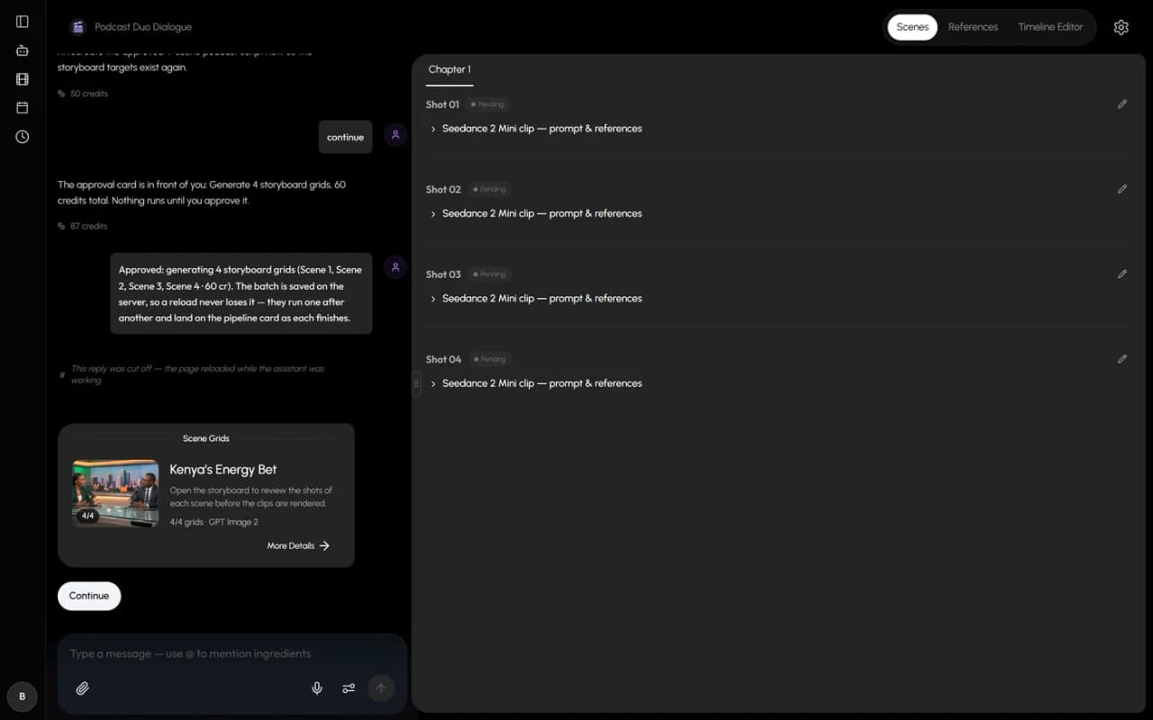 An agent session in Vidorena: the chat on the left quotes 60 credits to generate four storyboard grids and states that nothing runs until it is approved, while the right panel lists shots one to four as pending