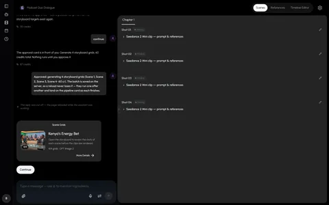 An agent session in Vidorena: the chat on the left quotes 60 credits to generate four storyboard grids and states that nothing runs until it is approved, while the right panel lists shots one to four as pending