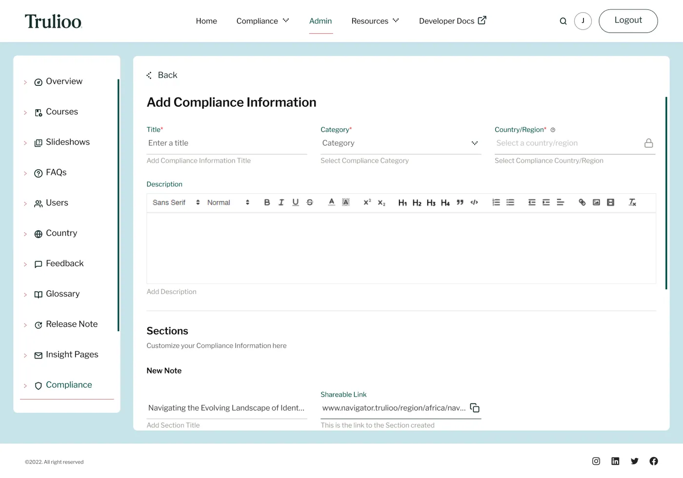 Admin: new compliance entry